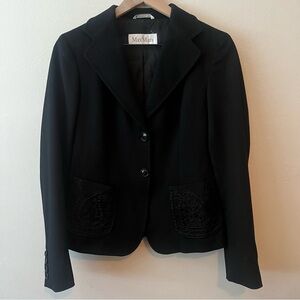 MaxMara Women's Elegant Black Wool Suit Jacket with Embroidered Pockets Sz 8